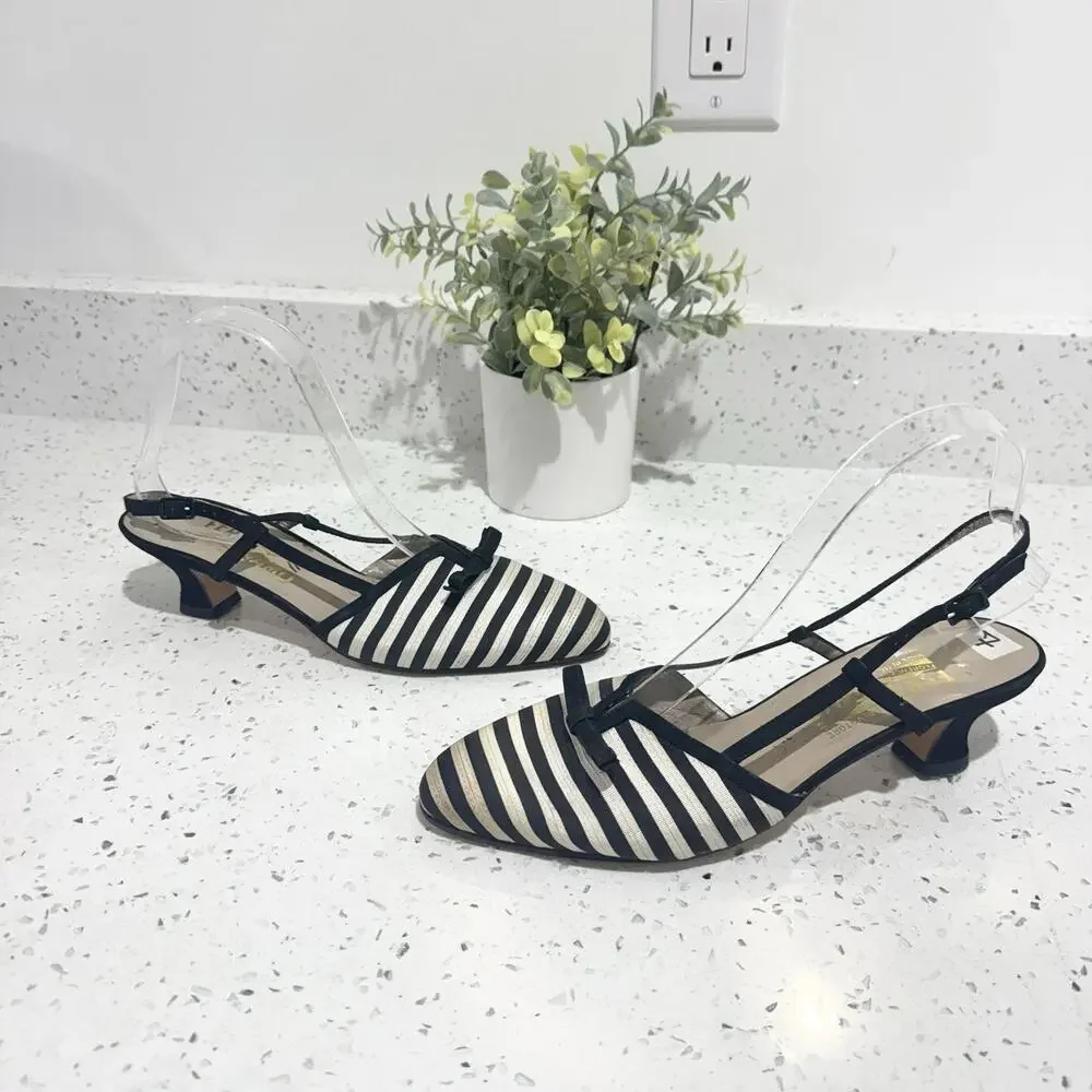 Salvatore Ferragamo striped slingback kitten heels Black Cream Striped Pointed 7